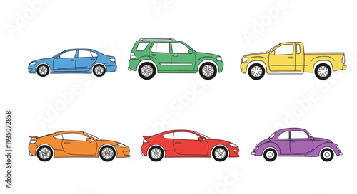 Colorful car collection illustration sedan suv truck coupe and hatchback designs