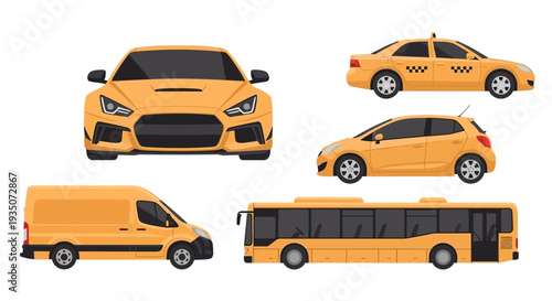 Collection of yellow vehicles car taxi van bus transport set illustration
