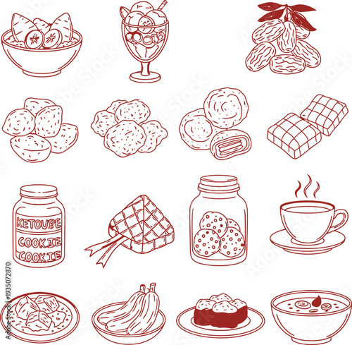 Assorted breakfast foods and beverages illustrated in a minimalist red line art style