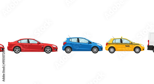 Colorful car collection on white background for transportation and design