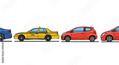 Colorful cars illustration side view of sedan hatchback and taxi