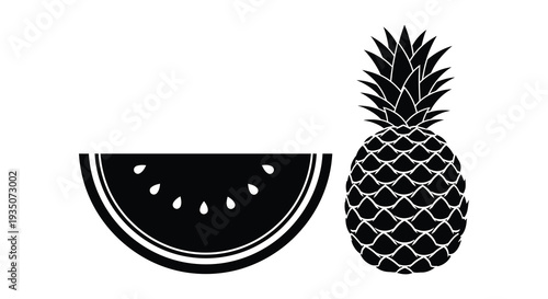 A striking graphic design showcases a watermelon slice and a pineapple rendered in a bold black silhouette high quality professional detailed