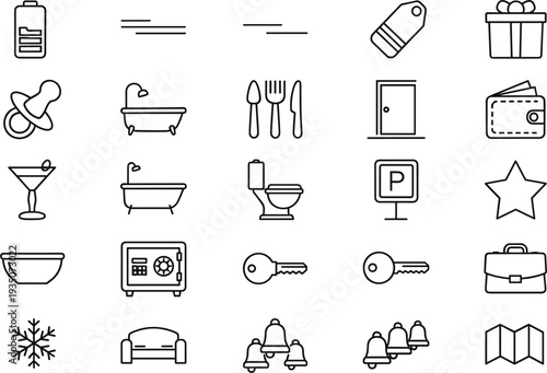 Hotel service and travel amenities line icons set bathtub key map parking vector illustration collection