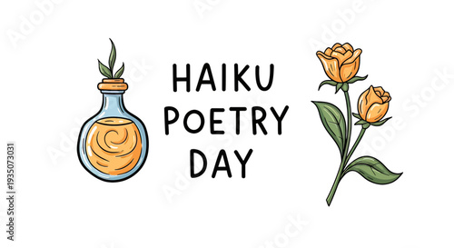 Haiku Poetry Day Illustration with Bottle and Flowers.
