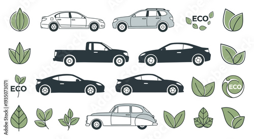 Eco friendly car collection vector illustration with green leaves and logos