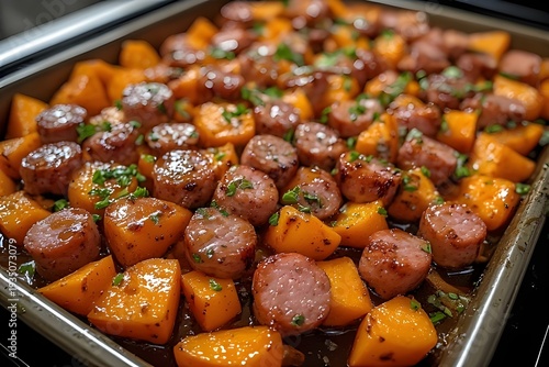roasted kielbasa and sweet potato sheet pan dinner drizzled with a glossy honey garlic glaze