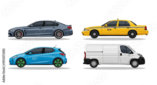 Diverse collection of vector vehicles sedan taxi hatchback and van