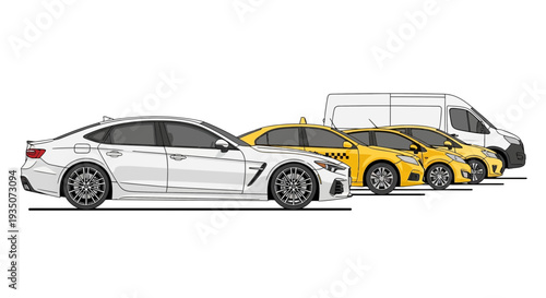 Diverse vehicles lined up in a row with modern design isolated on white