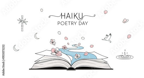 Open Book with Haiku Poetry Illustrations.