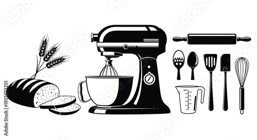 A collection of baking tools including a mixer rolling pin wheat and bread in a stark silhouette high quality professional detailed