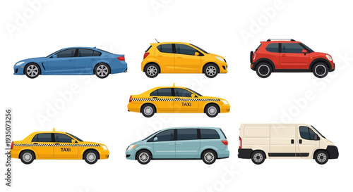 Collection of various modern cars isolated on white background illustration