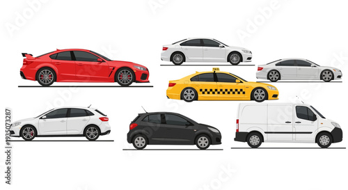 Collection of various modern vehicles isolated on white background