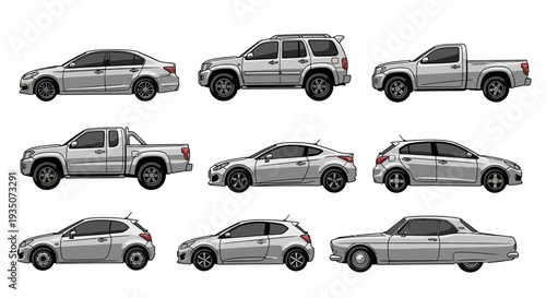 Collection of various silver automobiles side view in vector style isolated