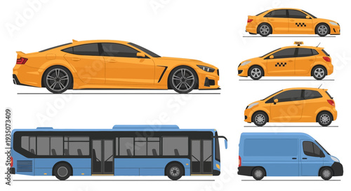 Collection of various vehicle illustrations isolated on white background