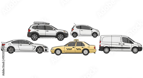 Collection of white cars and a taxi in a vector style on a white background