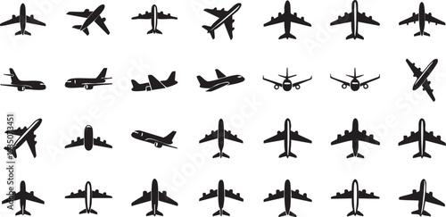 Black airplanes in various orientations on white background black silhouettes aircraft