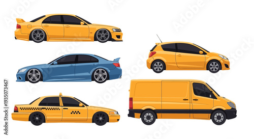 Collection of yellow and blue cars in vector style on white background
