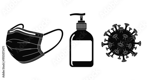 A black silhouette depicting a face mask hand sanitizer bottle and coronavirus representing health and safety precautions silhouette high quality professional