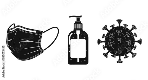 A black and white depiction of a face mask hand sanitizer and virus all in stark silhouette high quality professional detailed