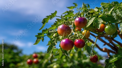 Colorful Ripe Tomatoes Hanging from Branches in a Lush Garden Under Clear Blue Sky