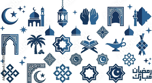 Collection of Islamic symbols and motifs including mosques, crescent moons, stars, and geometric patterns in blue tone on a clean background