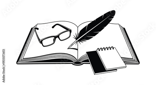 An open book with reading glasses a quill and a notebook depicted in a striking black silhouette high quality professional detailed