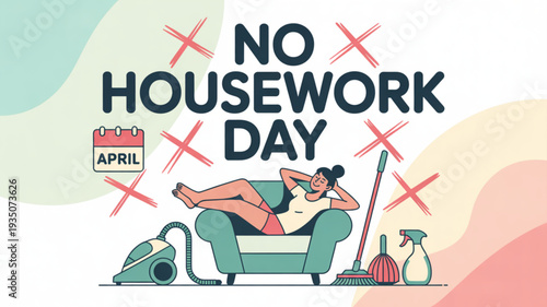 Relaxed woman enjoying no housework day with cleaning supplies nearby on colorful background