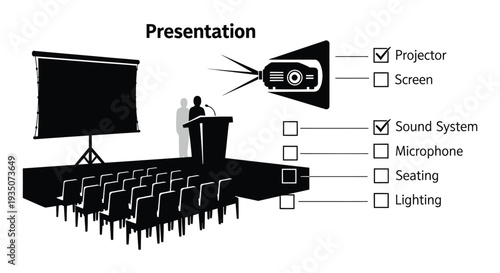 A black and white illustration depicts a presentation setup with a projector screen and audience silhouette high quality professional detailed modern
