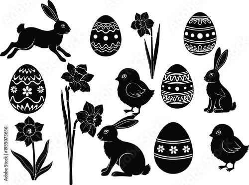 Easter sunday celebration symbols easter eggs bunny chicks and flowers