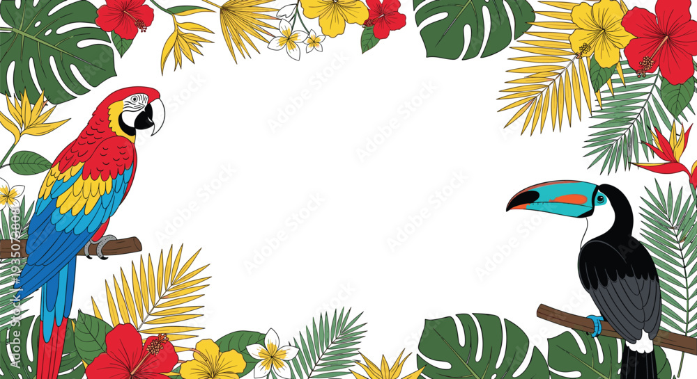 Obraz premium Tropical Floral Frame with Parrot, Toucan, Palm Leaves, and Exotic Flowers Illustration for Summer Banner, Jungle Theme, and Nature Decoration Design
