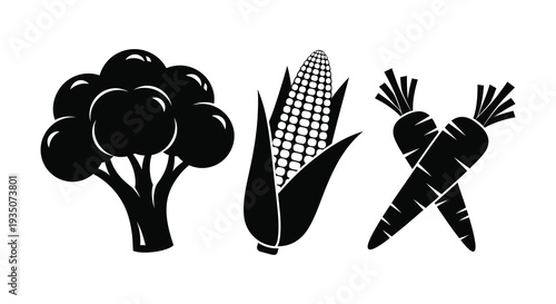 A graphic depiction of broccoli corn and carrots in a stark black design presented as a silhouette high quality professional detailed