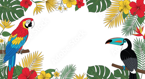 Tropical Floral Frame with Parrot, Toucan, Palm Leaves, and Exotic Flowers Illustration for Summer Banner, Jungle Theme, and Nature Decoration Design