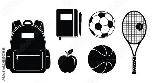 A collection of school and sports items presented in stark black silhouettes emphasizing education and athletic pursuits silhouette high quality professional