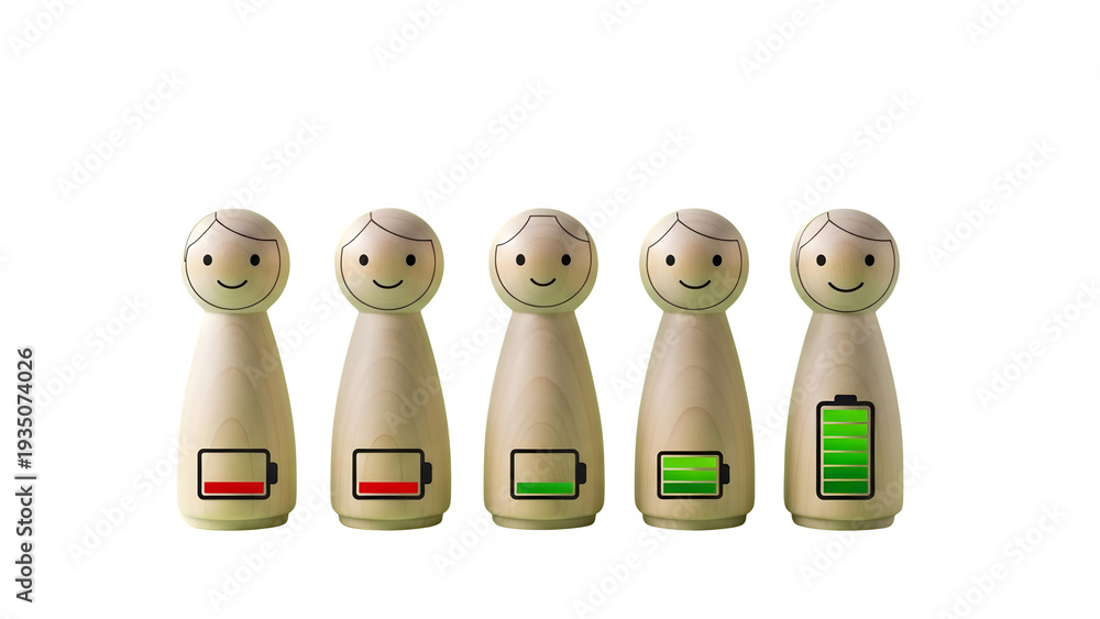 Obraz premium Smiling wooden figures with varying battery charge levels