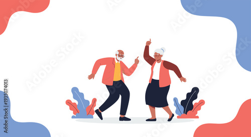 Happy elderly couple with grey hair dances together joyfully against a white background decorated with abstract blue and red shapes.