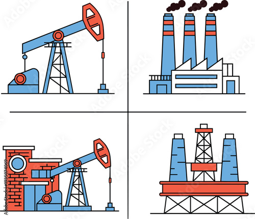 Oil Industry Equipment Set with Pump Jack, Refinery Factory, and Offshore Drilling Platform Illustration for Petroleum Production and Energy Industry Concept