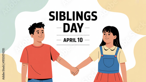 Siblings day illustration of brother and sister holding hands on april 10 with colorful background and modern flat design style