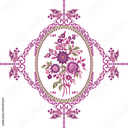 Title vintage floral ornament a symmetrical pink and purple design description an ornate symmetrical design featuring a central floral bouquet within a