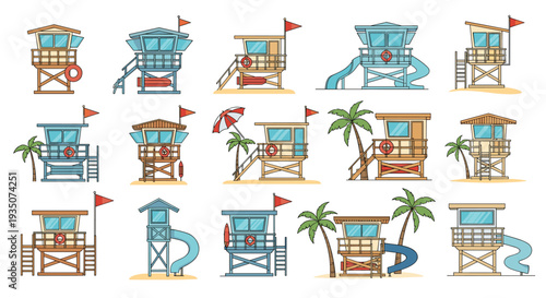 Variety of colorful lifeguard towers and beach huts including different architectural styles, flags, and rescue equipment like slides.