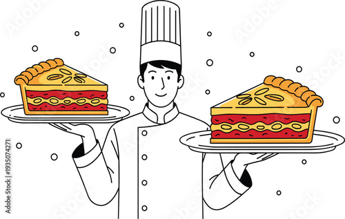 Chef Holding Delicious Pie Slices on Plates Illustration for Bakery Dessert Menu, Pastry Shop Promotion, and Cooking Food Service Concept