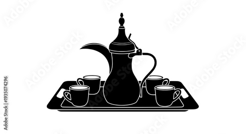 A traditional tea set with teapot and cups on a tray is illustrated from a front view