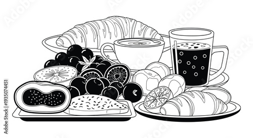 A detailed still life composition featuring breakfast foods and fruit rendered in a striking black silhouette high quality professional modern elegant