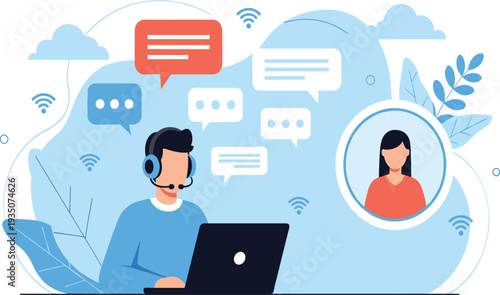 Online Customer Support Service Illustration with Call Center Agent Using Laptop, Headset Communication, and Chat Messages for Digital Help Desk Concept