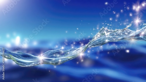 Glimmering Water Wave on Bright Blue Background with Sparkling Light Reflections and Soft Focus Elements