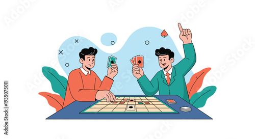 Two cheerful friends sit at a table playing an engaging board game with playing cards and enjoying their time together at home.