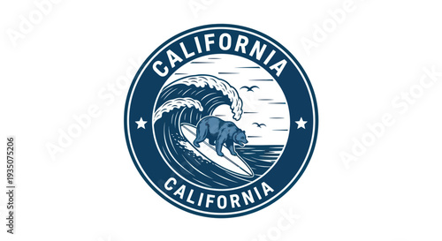 California Surfing Bear Emblem Vintage Style