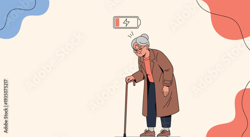 Tired elderly woman leaning on a cane with a low battery symbol above her head representing exhaustion and aging-related fatigue.