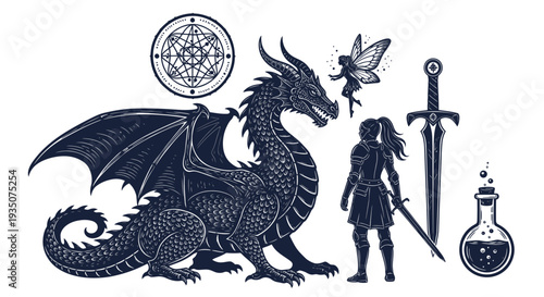 Fantasy Dragon, Knight Warrior, Fairy, Magic Potion, Sword, and Mystic Circle