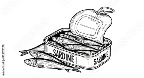 Hand-drawn illustration of an open sardine can with fish spilling out