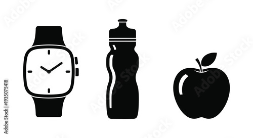 A minimalist composition of a smartwatch water bottle and apple rendered as a striking silhouette high quality professional detailed modern elegant